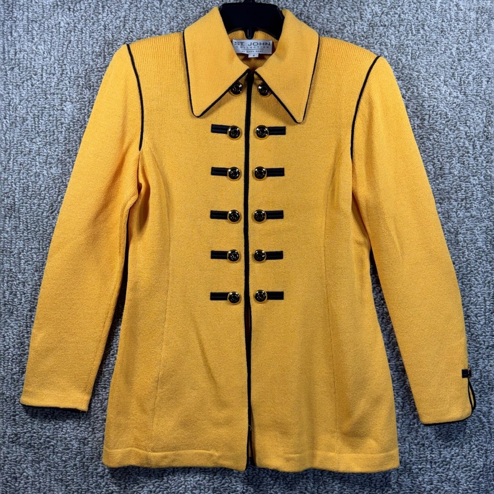 St John Collection Knit Jacket Yellow Black Military‎ Button Women Size 8